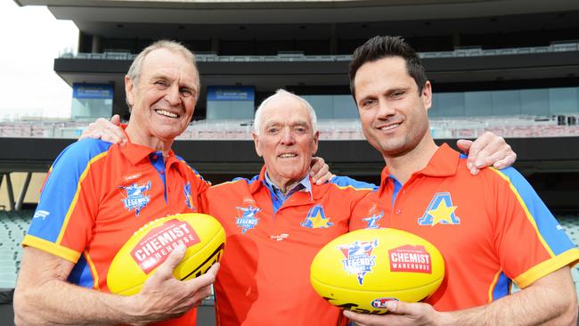 Graham Cornes, Neil Kerley and Gavin Wanganeen were the assistant coaches for the All Stars in the 2018 EJ Whitten Legends Game. Picture: AAP Image/ Brenton Edwards