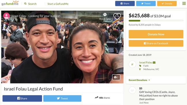 Israel Folau's GoFundMe campaign was removed on Monday after it was found to breach the site’s guidelines. Picture: AAP