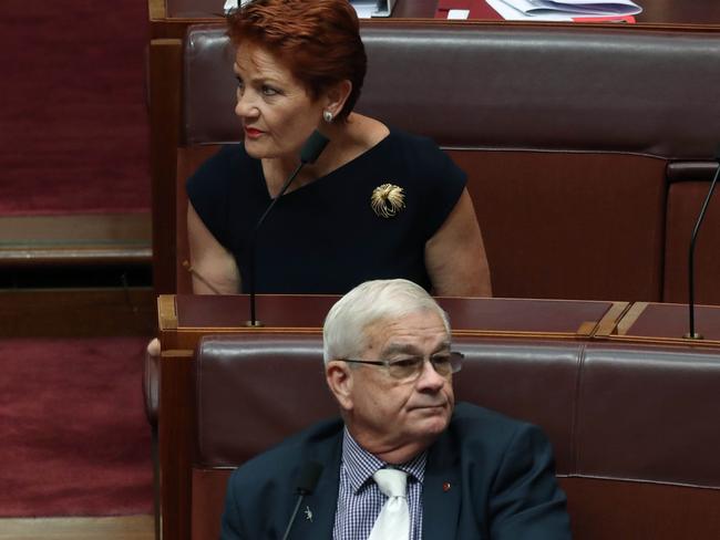 Pauline Hanson and Brian Burston in the Senate chamber. Picture: Gary Ramage