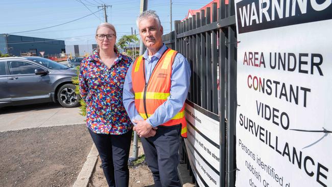 Tennille Bradley and Steven Spiranovic from City of Greater Geelong with new CCTV technology being used to tackle illegal dumping outside the Salvation Army charity store in North Geelong. Picture: Brad Fleet