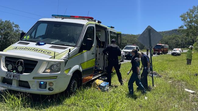 Emergency crews are on the scene of a motorcycle crash north of Mackay along the Bruce Highway at the overtaking lane near the Leap Hotel. Tuesday, December 6, 2022. Picture: Zoe Devenport.