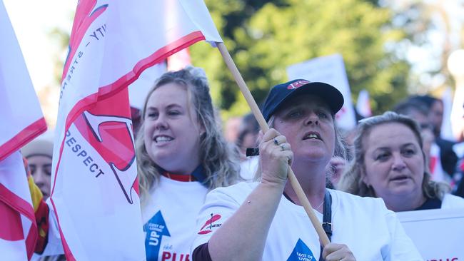 Public service sector staff marched from Hyde Park to NSW Parliament House in Sydney to protest a pay rise rate proposed by the Perrottet government. Picture: NCA NewsWire/ Gaye Gerard