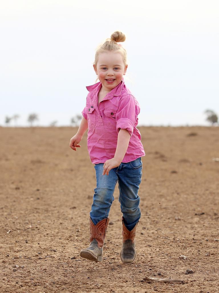 Eve Holcombe, aged 3, pictured on her father's 6900 hectare property near Walgett. Picture: Sam Ruttyn