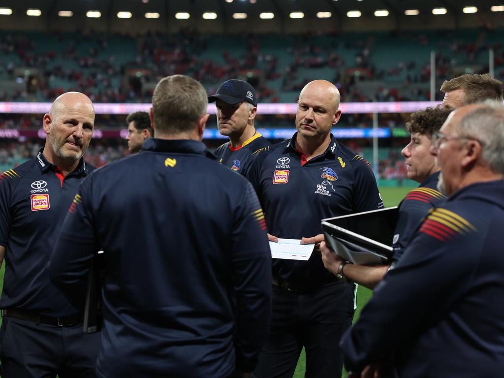 Adelaide coaches chat after the 2024 season. Picture: Getty Images