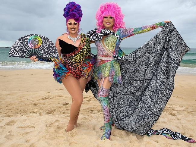 Colourful drag queens on Bondi Beach at a pre-Sydney WorldPride 2023 event. Picture: Gaye Gerard