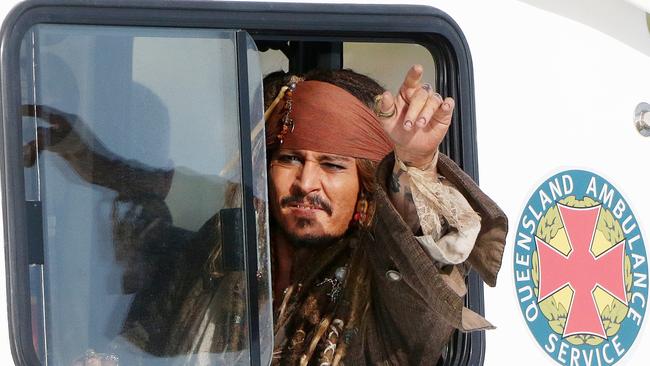 Johnny Depp heads out to sea — on Moreton Bay — to film scenes for Pirates of the Caribbean: Dead Men Tell No Tales. Photographer: Liam Kidston.