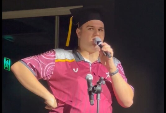 Sebastian Franettovich is a largely nonverbal autistic graduate singing the Australian anthem for Sarina State High School the last time