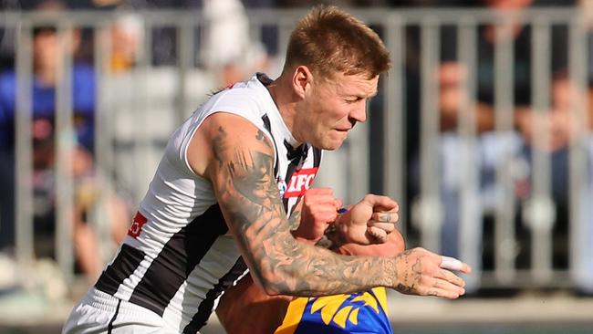 Jordan De Goey was given a three-match ban for this bump on Elijah Hewett. Picture: Paul Kane/Getty Images