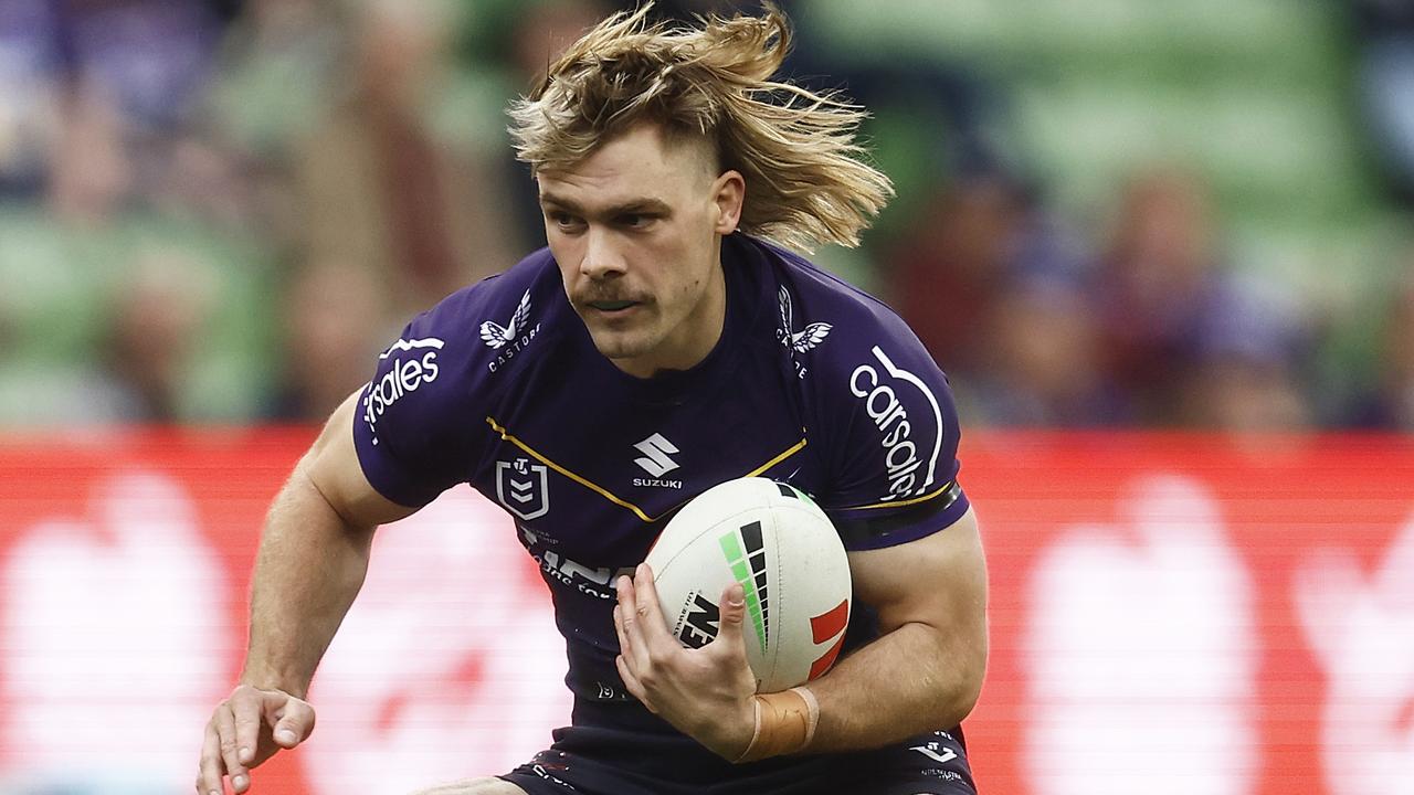 MELBOURNE, AUSTRALIA - AUGUST 26: Ryan Papenhuyzen of the Storm runs with the ball during the round 26 NRL match between Melbourne Storm and Gold Coast Titans at AAMI Park on August 26, 2023 in Melbourne, Australia. (Photo by Daniel Pockett/Getty Images)