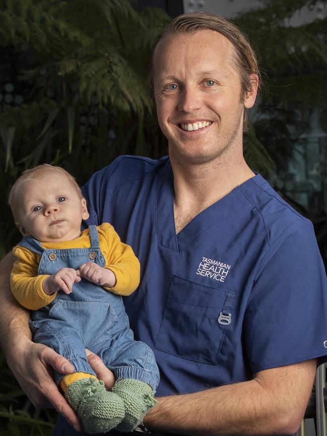 Registered nurse Luke Glassington and his 11-week-old son Asher. Picture: Chris Kidd