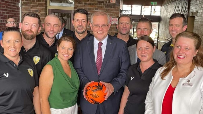 Prime Minister Scott Morrison, LNP candidate for Blair Sam Biggins, Senator Paul Scarr, Ipswich Mayor Teresa Harding, and Councillor Marnie Doyle met with the Ripley Valley Football Club on May 16, 2022 to announce its $1 million election commitment. Picture: Facebook / Sam Biggins – LNP for Blair