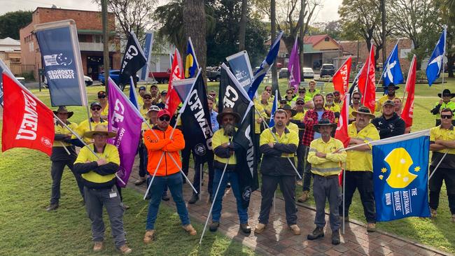 Members of the CFMEU, Australian Workers Union and Services Union gathered at Memorial Park between 8am and 9am before marching down Mary St and stopping at the town hall.