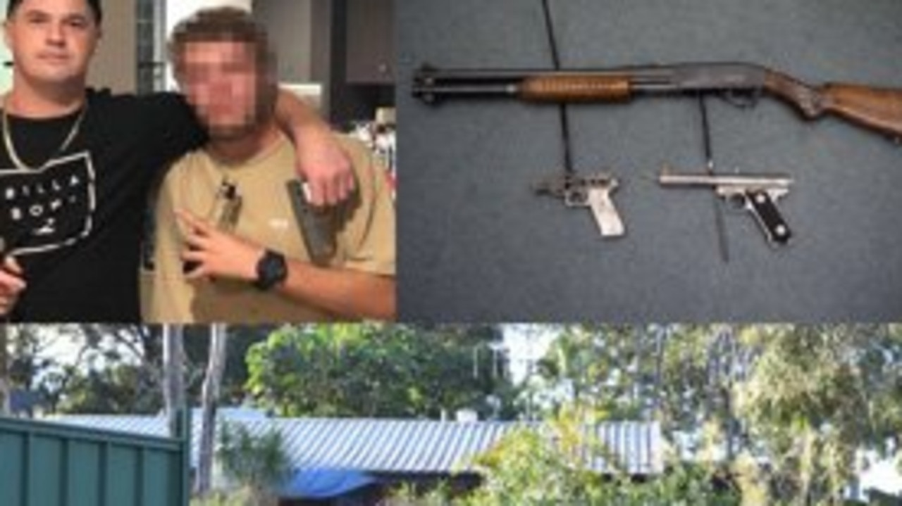 TOP LEFT: Daryl David Hall posted this photo on Facebook, in which he is pictured holding a gun which was allegedly seized as part of the search. TOP RIGHT: Weapons seized. BOTTOM: Police located drugs and other unlawful items in this house in Booral.