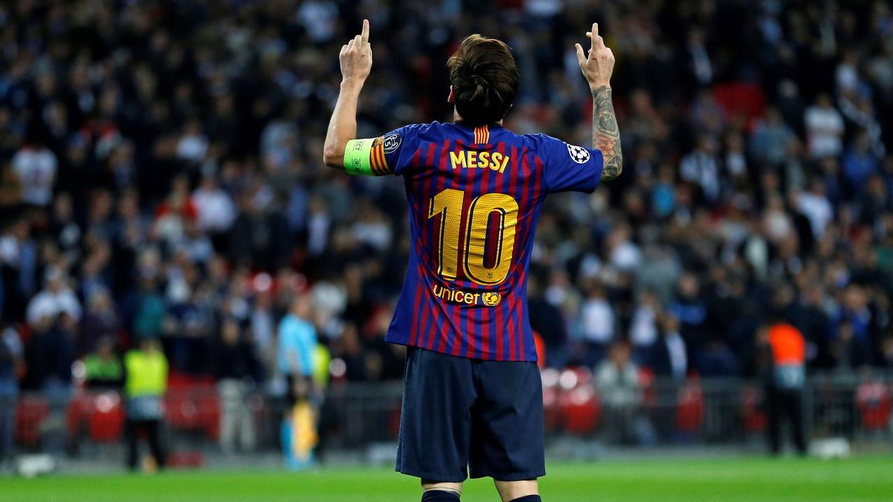 Barcelona's Argentinian striker Lionel Messi celebrates scoring his team's fourth goal