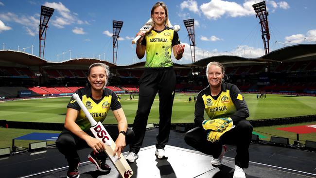 Ash Gardner, Ellyse Perry and Alyssa Healy ahead of the T20 Women's World Cup Picture. Phil Hillyard