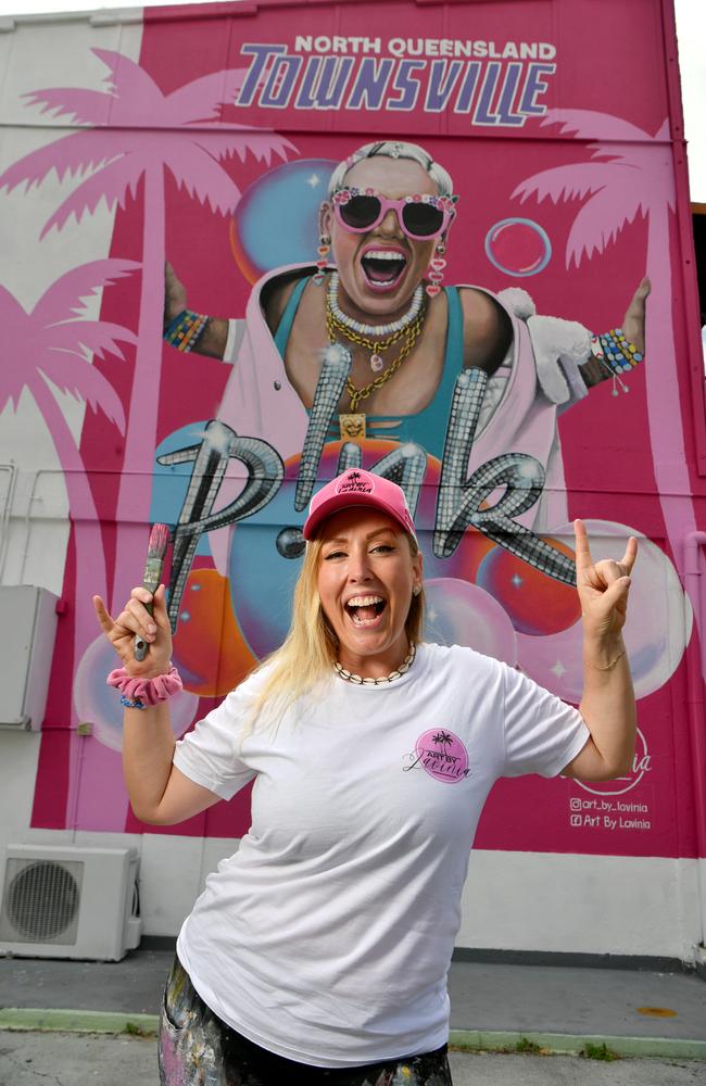 Artist Lavinia Letheby with her Pink mural in Sturt Street. Picture: Evan Morgan