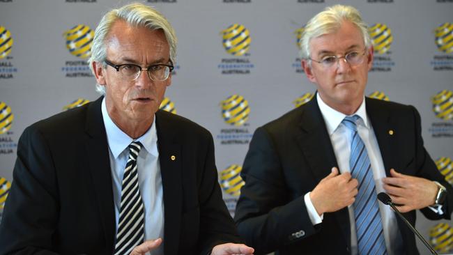 Football Federation Australia CEO David Gallop and chairman Steven Lowy speak at today’s press conference. Picture: AFP