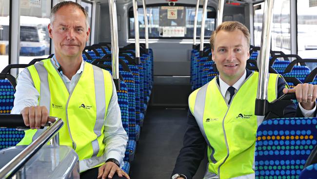 Manly MP James Griffin with NSW State transit CEO Steffen Faurby on the new B line buses which arrived at Mona Vale bus depot for driver training. Adam Yip/ Manly Daily