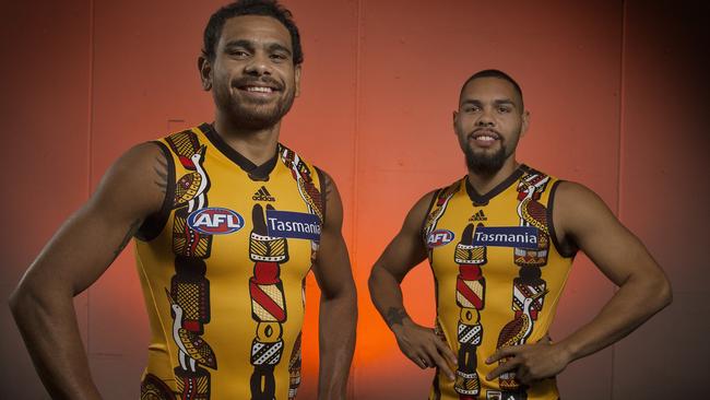 Cyril Rioli and Jarman Impey in Hawthorn’s indigenous Round jumper. Picture: Michael Klein