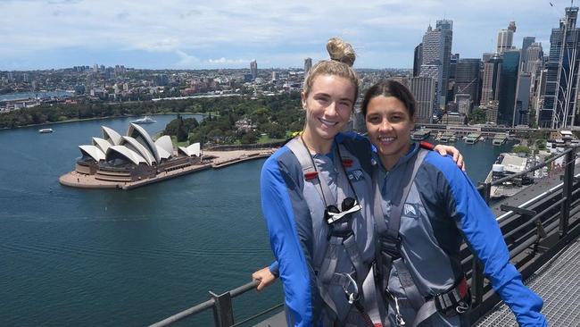 Kristie Mewis and Sam Kerr enjoy the view from the top of Sydney Harbour Bridge. Picture: Instagram