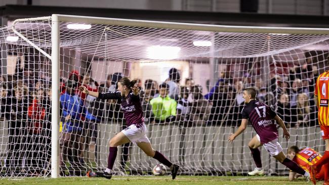 Elizabeth Downs Tom Blackett celebrates his goal during the amateur club’s FFA Cup SA quarter-final victory over top flight MetroStars. Picture: Adam Butler