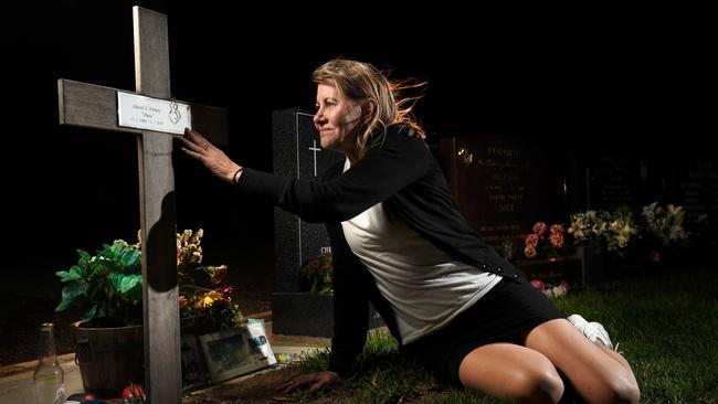 Julie-Ann Finney at the Golden Grove Cemetery gravesite of her son David Finney, who took his own life after 20 years in the navy. Picture: Tricia Watkinson