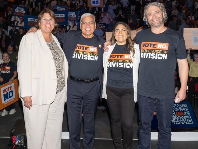 ADELAIDE/ KAURNA YARTA, AUSTRALIA - NewsWire Photos September 18, 2023. Shadow Minister Kerrynne Liddle, Nyunggai Warren Mundine AO, Shadow Minister for Indigenous Australians Senator Jacinta Nampijinpa Price, Matthew Sheahan, at a No Campaign event at the Convention Centre in Adelaide. Picture: NCA NewsWIRE/ Morgan Sette