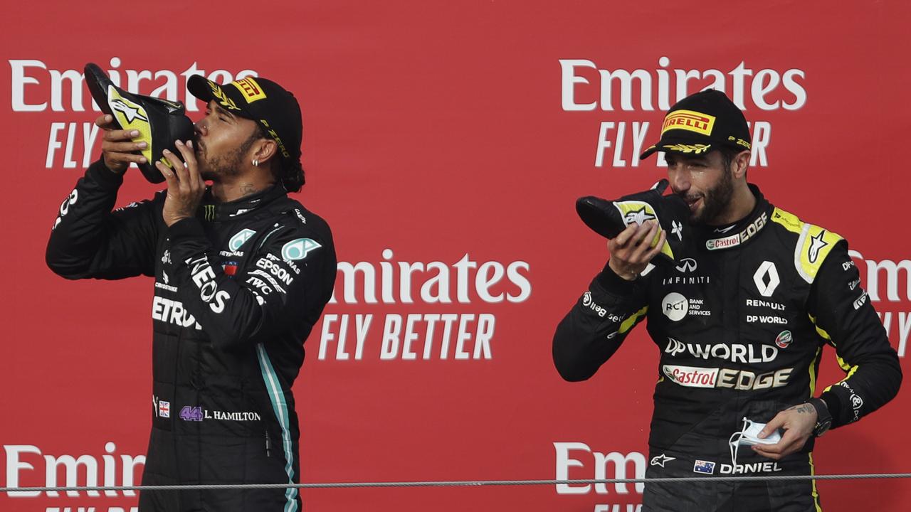 Hamilton was good friends with Australian driver Daniel Ricciardo - even sharing a shoey at the 2020 Grand Prix of Emilia Romagna. Ricciardo’s last race victory. Photo: Luca Bruno/Getty Images