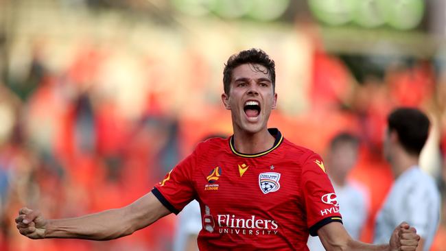 George Blackwood celebrates scoring for Adelaide United. Picture: AAP Image/Kelly Barnes