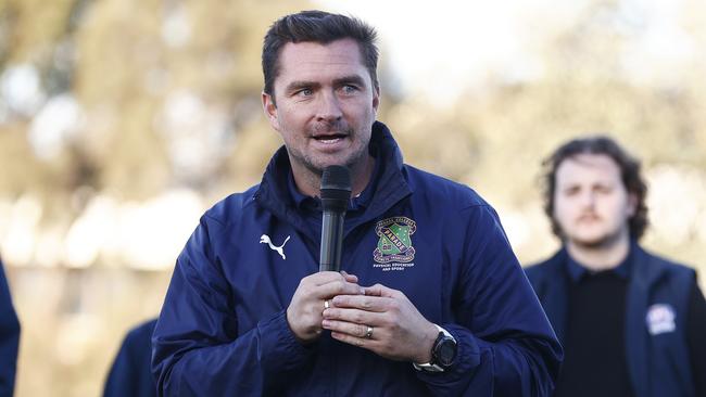 Parade College coach Ricky Dyson speaks after winning the 2023 Herald Sun Shield Division 1 Senior Boys grand final Picture: Daniel Pockett/AFL Photos/via Getty Images