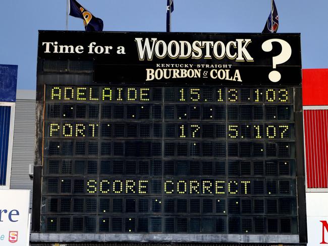 What a finish: This was the last time the scoreboard at AAMI Stadium (aka Football Park) would be used for a Showdown. Picture: Sarah Reed