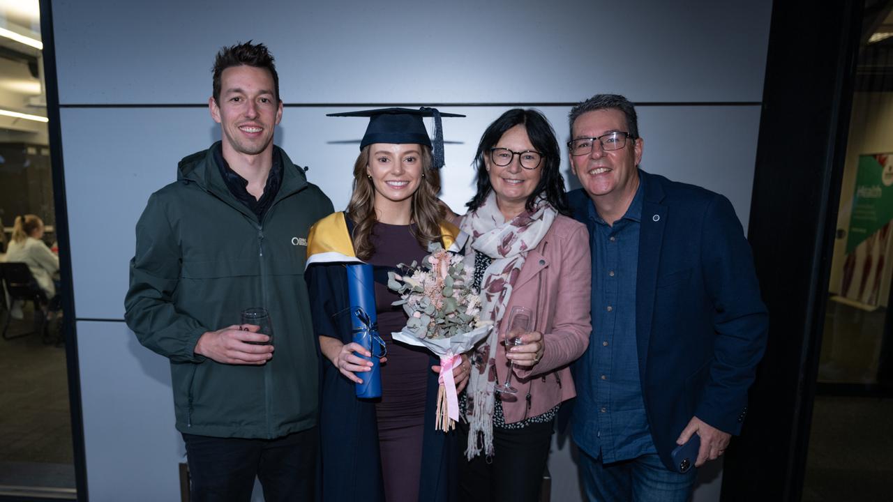 17-09-2024 Deakin University Bachelor of Commerce graduation. Sam Piasente with Megan, Jane and Paul Cull. Picture: Brad Fleet