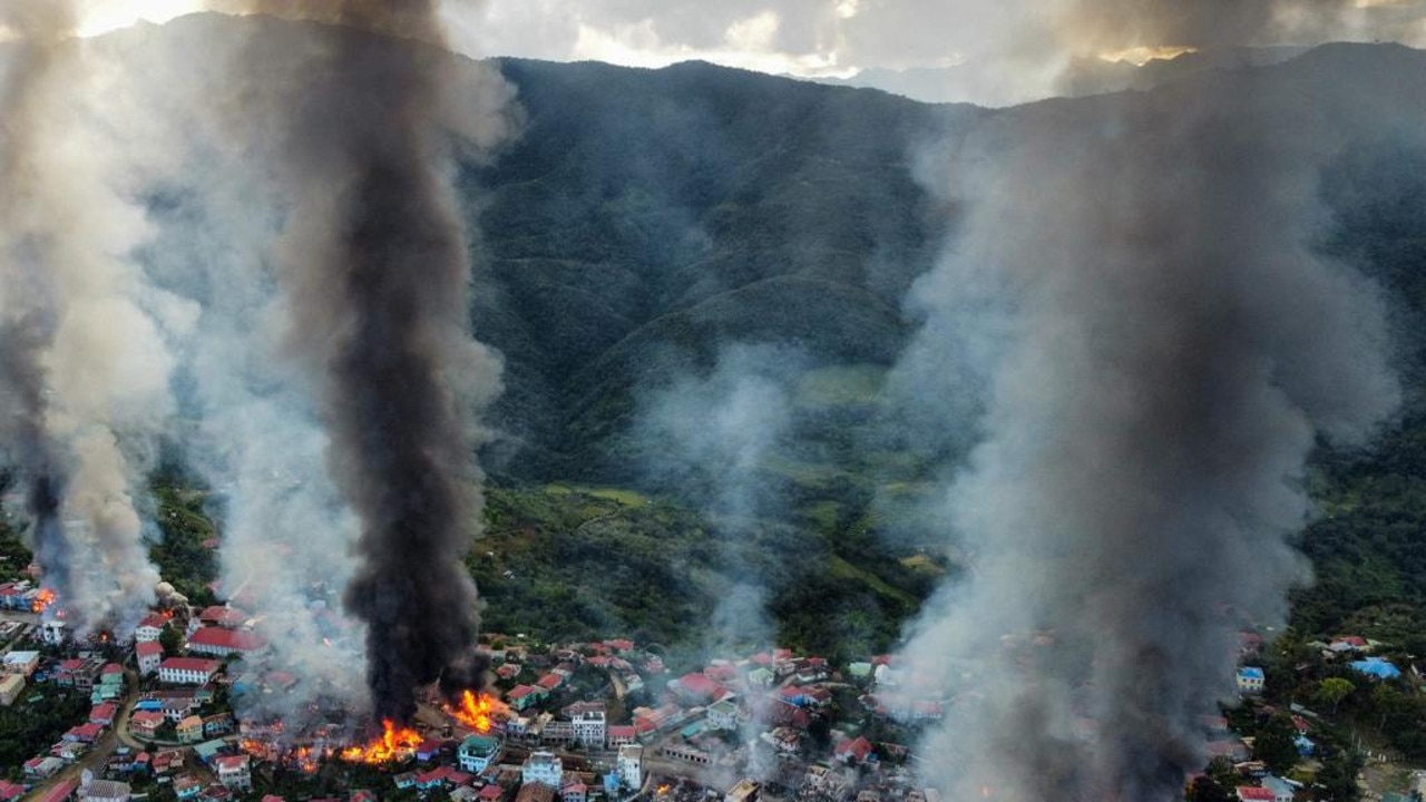 Smoke and fires at Thantlang in Chin State, where more than 160 buildings have been destroyed by shelling from junta military troops.