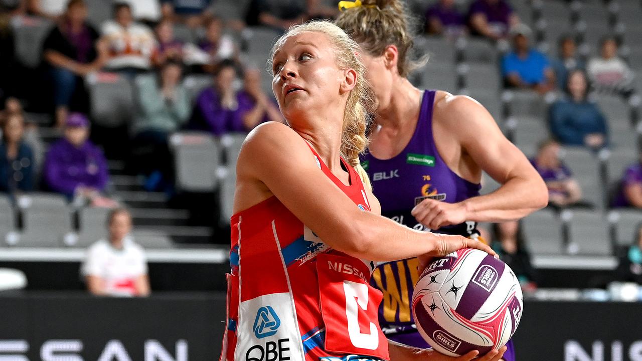 Tayla Fraser in action during the round 10 Super Netball match between the NSW Swifts and the Queensland Firebirds in 2020.