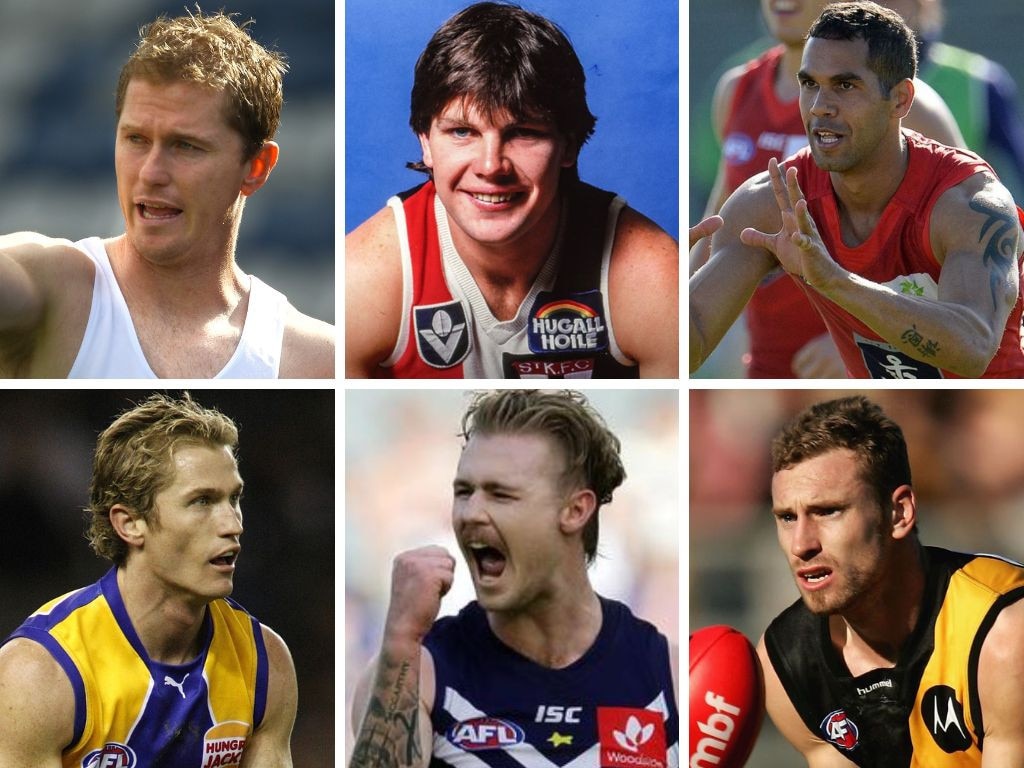 Former AFL stars who are no longer with us: Troy Selwood, Danny Frawley, Shane Yarran, Cam McCarthy, Shane Tuck, Adam Selwood (L-R, top to bottom)