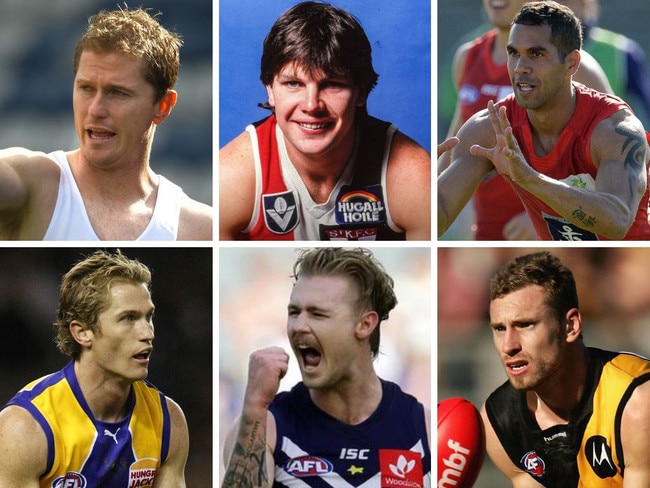 Former AFL stars who are no longer with us: Troy Selwood, Danny Frawley, Shane Yarran, Cam McCarthy, Shane Tuck, Adam Selwood (L-R, top to bottom)