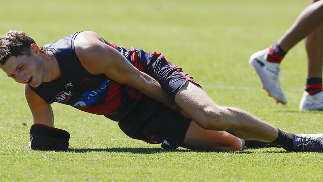 NCA. MELBOURNE, AUSTRALIA. 12th February, 2025 . Melbourne training at Gosche Paddock.  Judd McVee of the Demons after tearing his right hamstring  kicking  the ball on the run during training today     .  Picture: Michael Klein