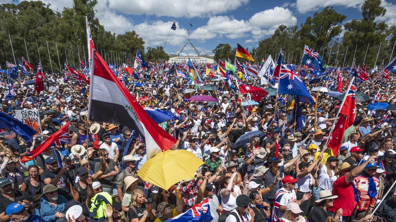 Demonstrators against Covid-19 mandates at Parliament House in early 2022. Picture: Martin Ollman