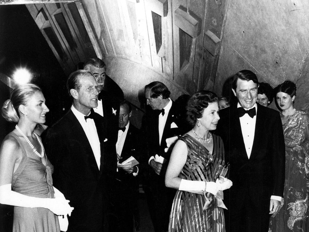 NSW Premier Neville Wran at the Opera House with the Queen, Prince Philip and his wife Jill.