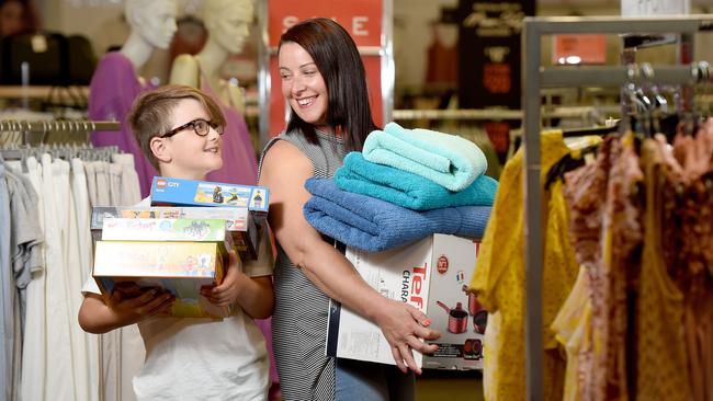 20/12/18 - Helen Potter and her son Jett, 9 (glasses) getting a sneak peek at the sales in Myer Marion. Photo Naomi Jellicoe