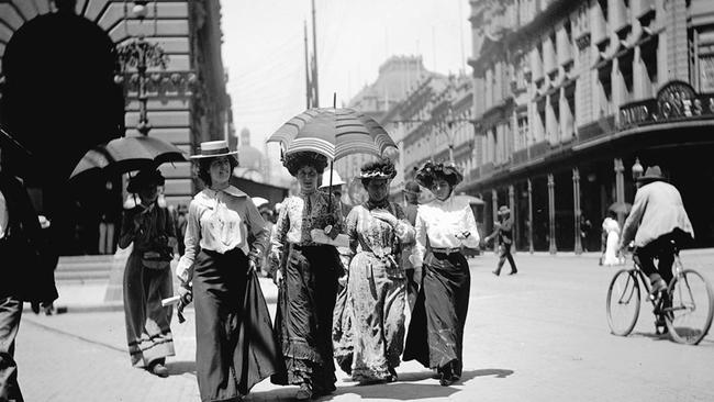 Copy pic taken by mining engineer Frederick Danvers Power circa 1900 of women strolling in Martin Place. The photograph was chosen by Lord Mayor Clover Moore for inclusion in the ONE Hundred exhibition at the Mitchell Library, State Library of NSW, Sydney. Picture: Supplied