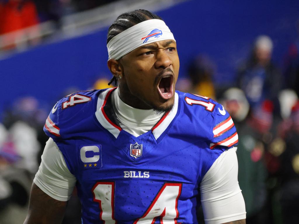 ORCHARD PARK, NEW YORK - JANUARY 21: Stefon Diggs #14 of the Buffalo Bills reacts during the AFC Divisional Playoff game against the Kansas City Chiefs at Highmark Stadium on January 21, 2024 in Orchard Park, New York. (Photo by Timothy T Ludwig/Getty Images)