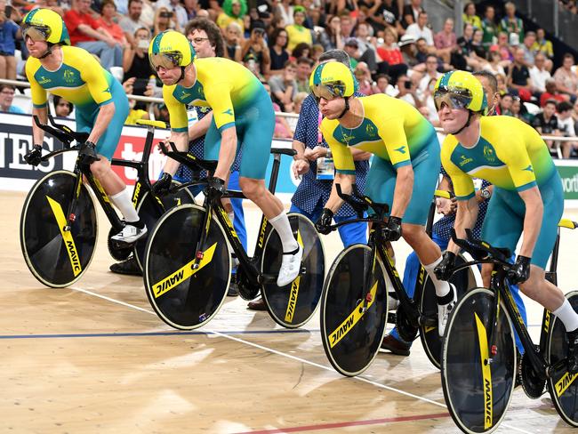 Team Australia are seen during the men's team pursuit qualifying event on day one of the track cycling competition at the XXI Commonwealth Games at the Anna Meares Velodrome in Brisbane, Australia, Thursday, April 5, 2018. (AAP Image/Dan Peled) NO ARCHIVING, EDITORIAL USE ONLY