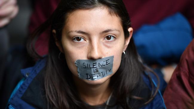 Older protesters say they’re taking a stand for the future generation. Picture: Daniel Leal-Olivas/AFP