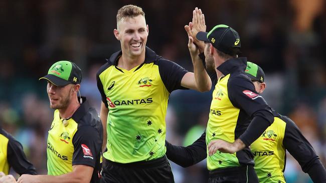 Billy Stanlake celebrates taking his second wicket against New Zealand.