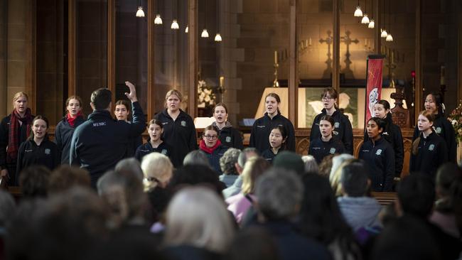 Festival of Voices pop up youth choir performance by the Brisbane Birralee Voices and Somerville Singers at St David's Cathedral. Picture: Chris Kidd