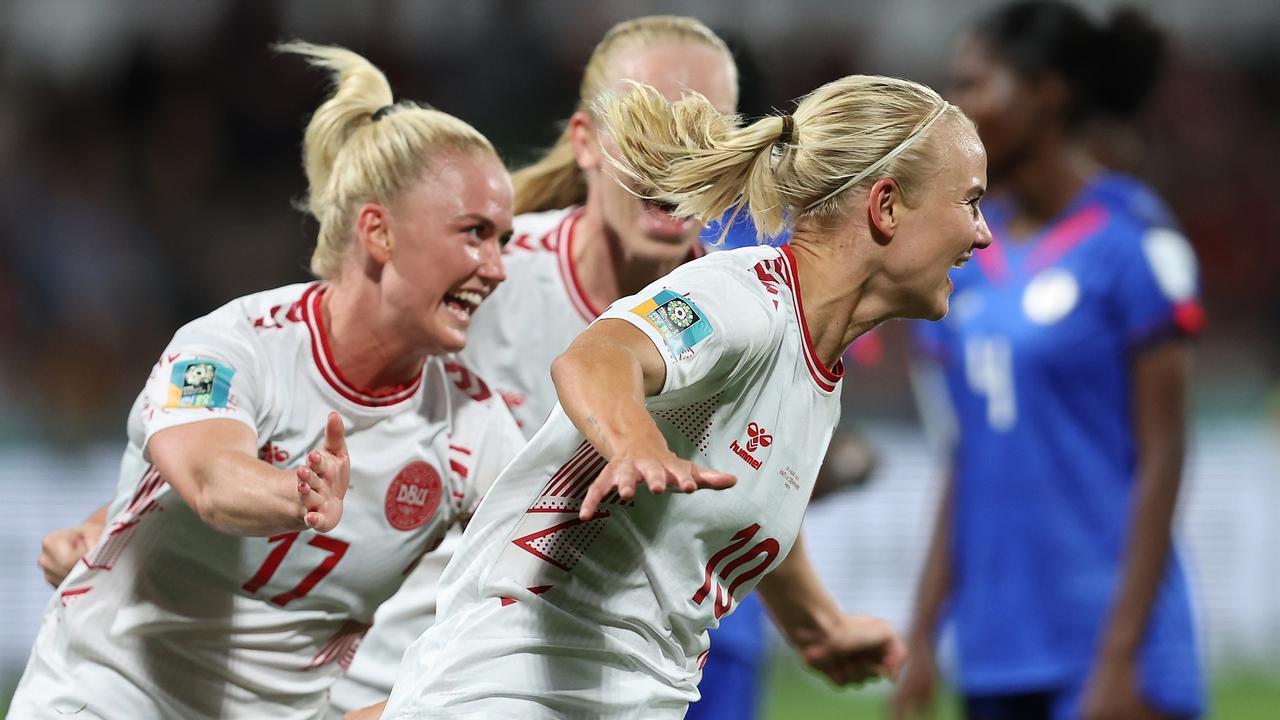 Pernille Harder celebrates a goal against Haiti