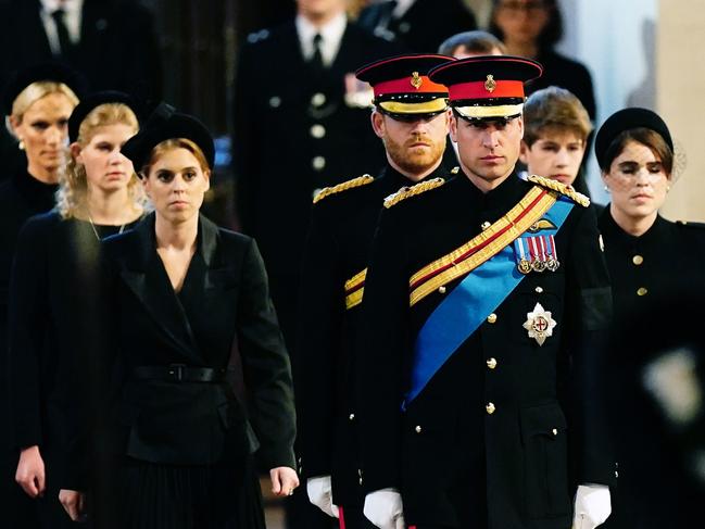 LONDON, ENGLAND - SEPTEMBER 17: Prince William, Prince of Wales, Prince Harry, Duke of Sussex, Princess Eugenie of York, Princess Beatrice of York, Peter Phillips, Zara Tindall, Lady Louise Windsor, James, Viscount Severn arrive to hold a vigil in honour of Queen Elizabeth II at Westminster Hall on September 17, 2022 in London, England. Queen Elizabeth II's grandchildren mount a family vigil over her coffin lying in state in Westminster Hall. Queen Elizabeth II died at Balmoral Castle in Scotland on September 8, 2022, and is succeeded by her eldest son, King Charles III. (Photo by Aaron Chown-WPA Pool/Getty Images)