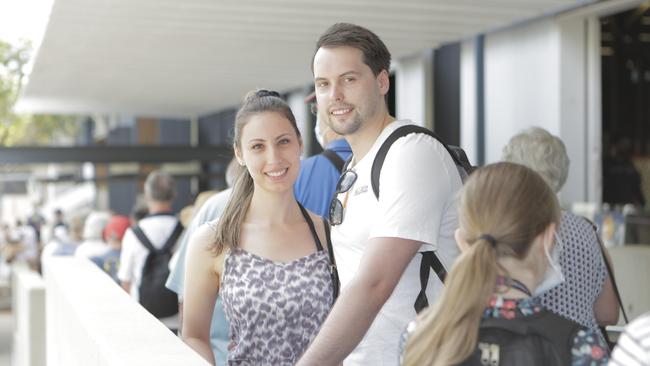 Melbourne couple Kymberley Coleiro and Chris Guselev were passengers on the P &amp; O Cruises' Pacific Explorer -the first international cruise ship to dock in at the city since the pandemic. Picture: Arun Singh Mann