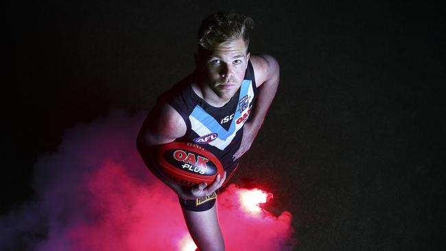 Port Adelaide's Dan Houston likes his work on Fortnite. Picture Sarah Reed